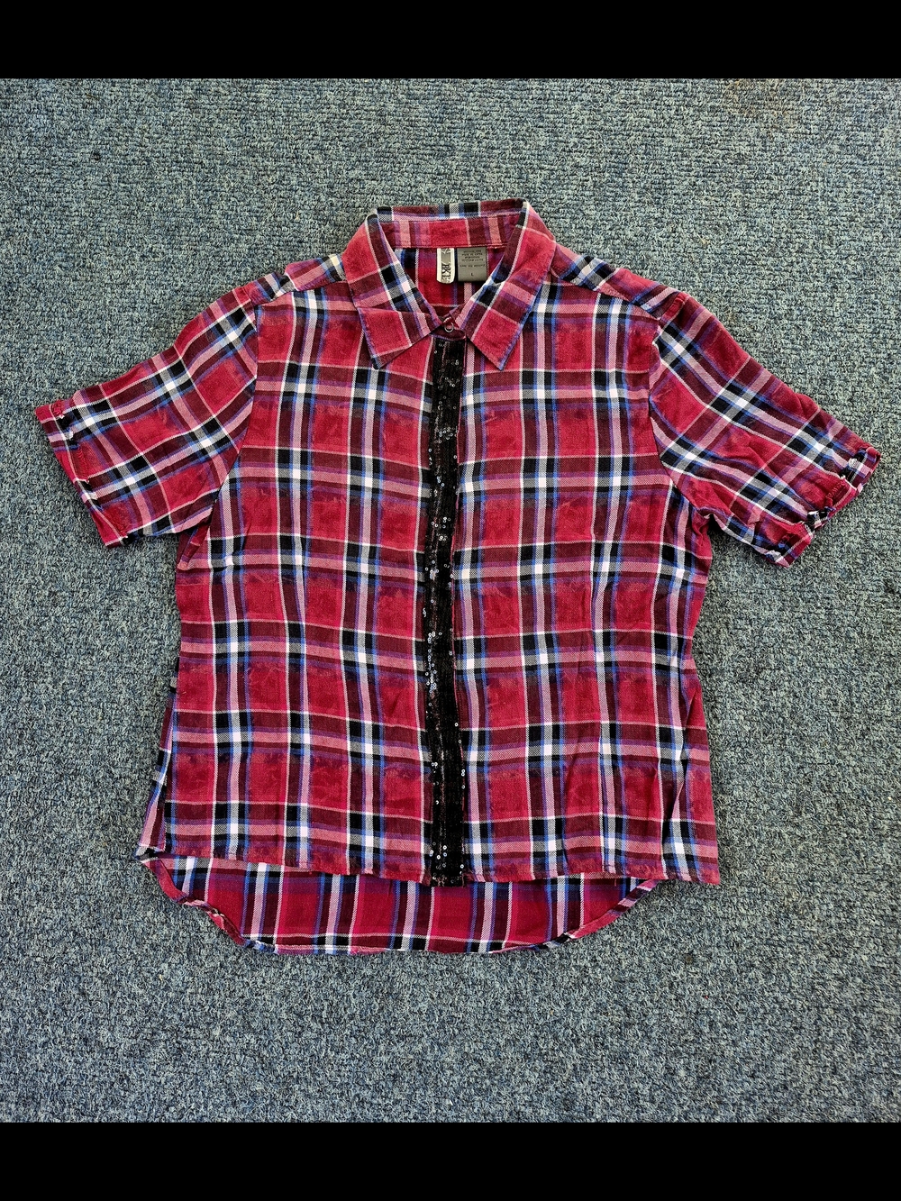 BKE Plaid Sequin Placket Snap Shirt -L
